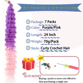 Curly Braiding Hair 24 Inch Deep Wave Crochet Hair 7 Packs Synthetic Curly Crochet Hair For Black Women Long Ocean Wavy Curly Crochet Braiding Hair For Bohemian Braids Hair Extensions Purple/Pink