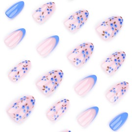 Short Almond Press on Nails Blue French Tip Fake Nails Cute Spring False Nails with Blueberry Designs Acrylic Nails Spring Summer Glue on Nails Glossy Almond Artificial Nails Stick on Nails for Women