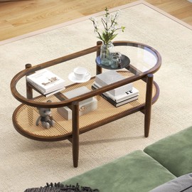 MAT EXPERT Rattan Coffee Table, 2 Tier Boho Oval Living Room Table w/Glass Tabletop Wood Frame & Storage Shelf, 40’’L Mid Century Modern Tea Table, Center Table for Living Room Home Office, Brown