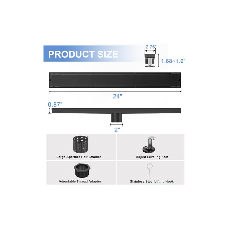 24-Inch Linear Shower Drain with Tile Insert Grate, SUS 304
