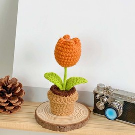 Lutoku Cute Knitted Flower Plant, Kawaii Handmade Crochet Flowers,Small Potted Artificial Flower Plants, Desk Home Car Dashboard Decorations (Tulip-Orange)
