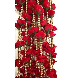 Dreams@ Flowers Handmade Wall Door Red Hanging Flower Torans Garland Bandhwar with Golden Bells Decoration Item for Home D'ecor Festival, Wedding (4 Feet 4 Strings)