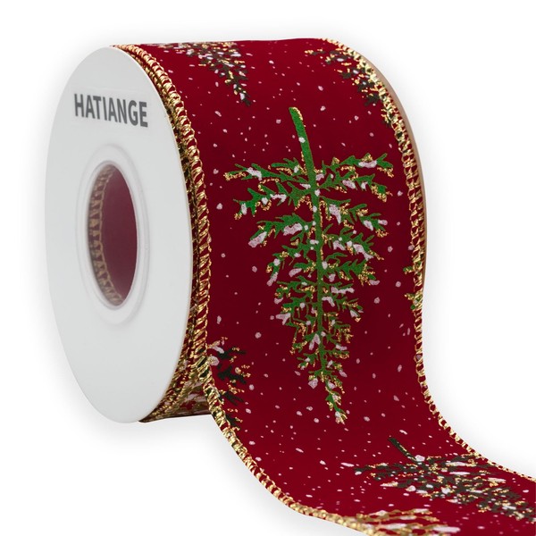 HATIANGE Red Wired Velvet Ribbon Christmas Tree Golden Edge Ribbons,
