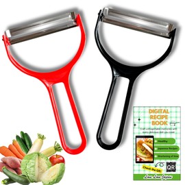 Japanese Vegetable Peeler, Cabbage Shredder for Crunchy Shreds, Includes Japanese Food Digital Recipe, Cabbage Slicer Made in Japan, 2-Piece Set (Red & Black)