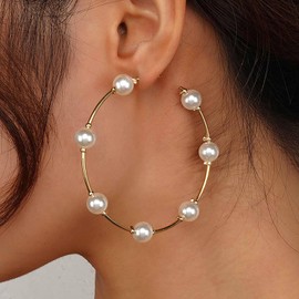 Cybche Vintage Pearl Hoop Earrings Circle Pearl Earrings Pearl Round Hoop Dangle Earrings Large Circle Pearl Earrings Gold Pearl Huggie Earrings Jewelry for Women