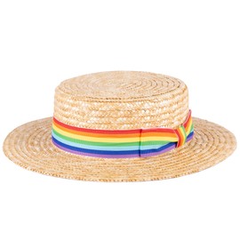 ZAKIRA Classic Straw Boater Hat Handmade from Natural Straw (Rainbow Band, XL)