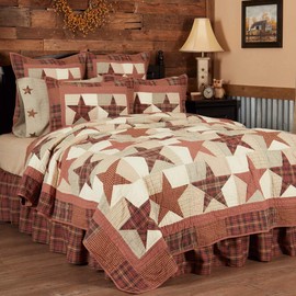 VHC Brands Abilene Star Twin Quilt 70Wx90L Country Patchwork Design, Burgundy