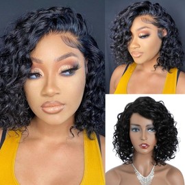 JOEDIR HAIR Short Water Wave Wig Human Hair C Parted Glueless HD Lace Wig Black Side Part Short Wave Lace Wigs Curly Bob Wear and Go Wig 150% Density