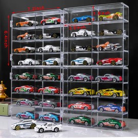 LDXDRU 4Pcs 1/64 Toy Car Display Box, Clear Acrylic Toy Cars Storage Organizer, Matchbox Toy Car Display Case, 7.5" x 6.5" x 1.6" 32 Slots Display Case with Dust Cover for Toy Cars Storage
