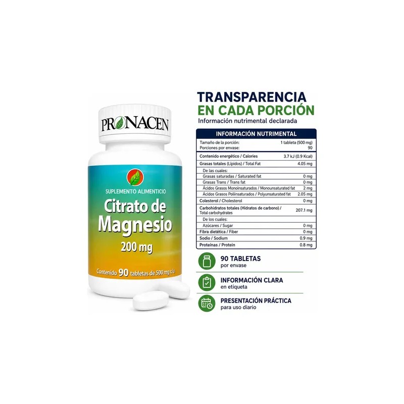 Citrato Magnesio Pronacen Tabletas 200 Suplemento Alimenticio 500 Presentacion Frasco