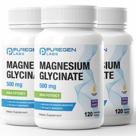 P Puregen Labs- Glicinato de Magnesio 500mg [Alta Potencia] Tapas Vegetales, Queladas para una Absorción Superior, Sin OGM, NO                        