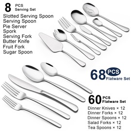 68-Piece Silverware Set with Serving Utensils, EWFEN Heavy Duty Stainless Steel Flatware Set for 12, Food-Grade Tableware Cutlery Include Knife/Fork/Spoon for Home, Mirror Finished, Dishwasher Safe