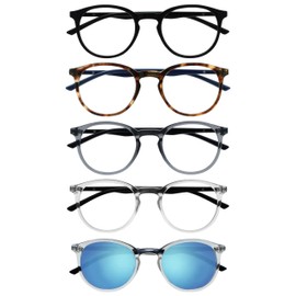 OPULIZE MET Reading Glasses and Reading SunGlasses for Women Men, Round Frame, Black,Brown,Grey,Clear,Clear Sun +2 (Pack of 5)