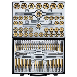 86-Piece Master Tap and Hex Die Set, Premium Titanium Coating | SAE Size #4 to 5/8”, Metric Size M3 to M16 | For All Coarse, Fine, Pipe Threads | Complete with Holders, Stocks, Gauges and Metal Case