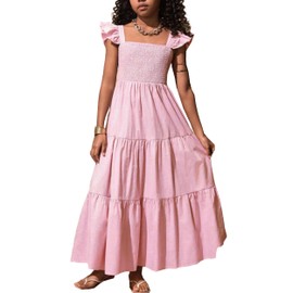 RETSUGO Girl Dress Summer Ruffle Sleeve Swing Casual Solid Color Pink Frocks Long Sundress Kids Smocked Tiered Party Dresses 10-11 Years