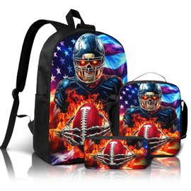 Nebrpio American Football School Backpack for Boys, 3pcs Boys Backpack with Lunch Box and Pencil Case for Kids Children Teens Elementary Middle School Ages 6-18 Bookbag 17″ Large Capacity