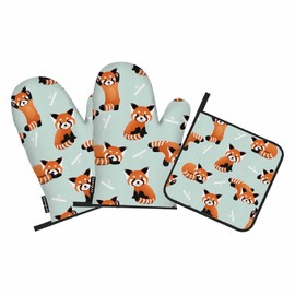 Samgula Red Panda Oven Mitts and Pot Holders Sets Cute Cat-Bear Bamboo Oven Mitt Heat Resistant 3pcs for Cooking Baking BBQ