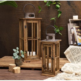 TIMRIS Large Farmhouse Wooden Metal Lantern Set of 2, Rustic Decorative Floor Candle Lanterns, Vintage Distressed Hanging Lanterns for Home Décor (No Glass)