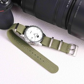 BISONSTRAP Nylon Watch Straps for Men, One-Piece Military Watch Bands, 18mm, Army Green (Silver Buckle)