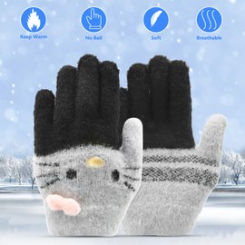 CHEERYMAGIC Kids Gloves, Knit Gloves for Winter, Stretchy Kids Mittens, Full Finger Gloves for Kids, Fluffy Warm Kids Knit Gloves for Boys and Girls A9SSMMST (Black-Grey)