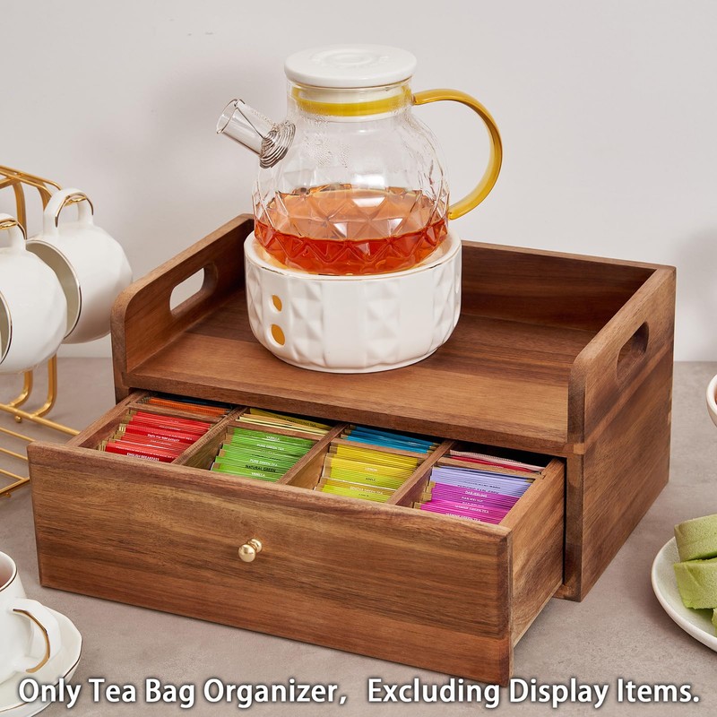 SARUFO Acacia Wood Tea Bag Organizer with Drawer - Tea