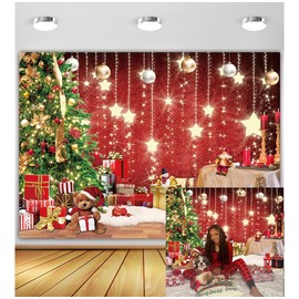 Red Christmas Backdrop Xmas Tree Shining Stars Gold Ball Santa Claus Photo Background Children Adult Holiday Family Christmas Banner New Year Birthday Party Decoration 7x5FT