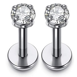 PiercingJ 2pcs 16g 316L Stainless Steel 3mm Cubic Zirconia Labret Monroe Lip Ring/Tragus/Helix Earring,8MM Bar Length