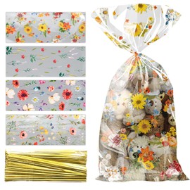 100Pcs BMYUK Wildflower Party Cellophane Treat Bags Easter Clear Cello Candy Goodies Bags with Twist Ties Plastic Floral Candy Cookie Packing Clear Goody Gift Bags Favor Decorations forBirthday Supply