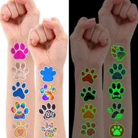 96PCS Dog Cat Paw Print Puppy Pre-Cut Temporary Tattoos for Kids Themed Birthday Party Decorations Supplies Decor Favors Super Cute Animal Tattoo Stickers (Luminous)