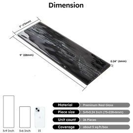 Diflart Glass Subway Tile, Black, 3x9 Inch, Glass Backsplash Tile for Shower Kitchen Bathroom Wall, Pack-26