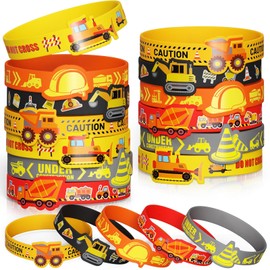 24 PCS Construction Party Favors Birthday Supplies for Kids Unique Self-Design Construction Print Silicone Bracelets Boy Girl Bulk Toy Gift Goodie Bag Stuffers Pinata Filler Classroom Rewards
