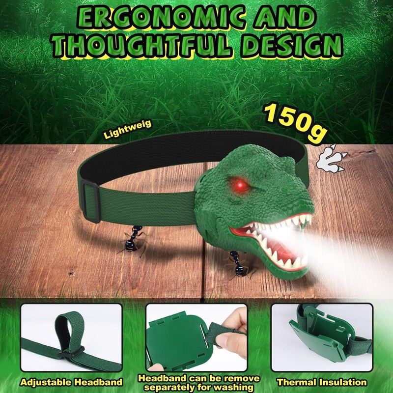 TooToo Dinosaur Headlamp for Kids with Adjustable Headband Camping Essentials
