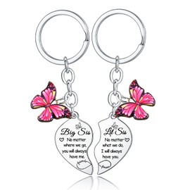 2PCs Big Sister Little Sister Keyring No Matter What No Matter Where Big Sis Lil Sis Gifts Long Distance Friendship Gifts for Sister Friends Bestie Christmas Birthday Gifts Pink Butterfly Charm Gifts