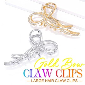 BARTOSI Gold Bow Claw Clips Metal Hair Claw Clips Large Rhinestone Hair Jaw Clamps Fashion Hair Accessories for Women and Girls (Pack of 2)