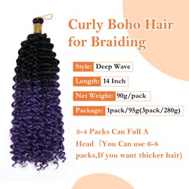 S-noilite Curly Braiding Hair,Marlybob Crochet Braids Hair Extensions 14 Inch Deep Wave Afro Kinky Jerry Curl Pre Stretched Ombre Braiding Hairpiece for Black Women,1 Pack 100g,Black to Purple Blue