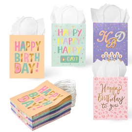 DjinnGlory 36 Pack Medium Sized Happy Birthday Paper Gift Bags with Handles and 36 White Tissue Paper for Birthday Gifts, Party Favors, Treats, Goodies, 10x8x4 Inch (4 Pastel Designs)