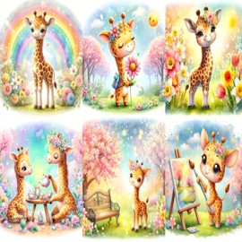 Giraffes Animal Prints for Nursery Set of 6, Whimsical Wall Art, Gender-Neutral Watercolor Nursery Decor, Unframed Wall Art, Baby Room Decor, Woodland Animals 11 inch x 14 inch.