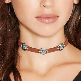 Xeyau Western Choker Necklaces Bracelet Set for Women Country Concert Outfits Bohemian Vintage Turquoise Necklace Cowgirl Cowboy Country Bracelets Boho Choker Necklace Accessories (Brown-Green)