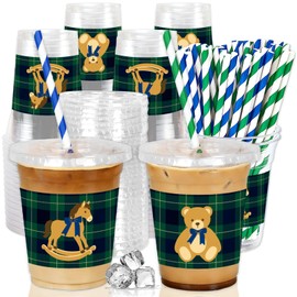 50Pcs 12Oz Green Blue Tartan Plaid Plastic Cups with Lids and Straws Vintage Preppy Bear Rocking Horse Disposable Cold Drink Cup for We Can Bearly Wait Baby Shower Party Birthday Supplies