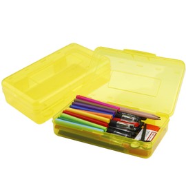Pencil Box, Large Capacity Clear Pencil Case, 1 Pack Hard Pencil Case, Clear Crayon Box with Snap-tight Lid Stackable Design, Plastic Storage Box for Office Supplies, Yellow