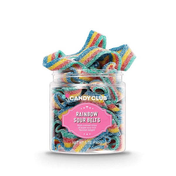 Candy Club Gourmet Gummy Rainbow Sour Belts, Vegan, Sweet and Chewy Fruit Strips for Gifts, Parties, Snacks, Candy Buffets, etc. - 5oz Jar
