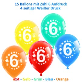 15 Birthday Balloons, Number 6, Printed on 4 Sides, Premium Balloons Suitable for Helium, 5 Colours, Blue, Red, Yellow, Orange, Green, for 3rd Birthday, 100% Natural Latex, Biodegradable