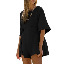 Yousify Womens Rompers for Summer 2025 Spring Outfits Casual Half Sleeve Jumpsuit Loose Shot Romper Dress with Pocket Black M