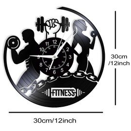 TIMEGLOW Gym Clock Wall Decor, 12 Inch Vinyl Record Wall Clock Battery Operated, Silent Quartz Non Ticking Modern Decorative Analog Wall Clock Watch for Fitness Room Fitness Center Bodybuilder Gifts