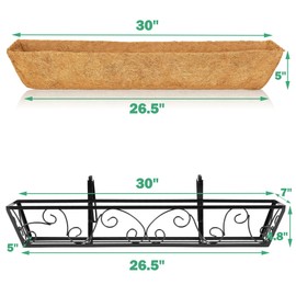 HFHOME 30 Inch Window Deck Boxes with Coco Liners and Adjustable Brackets for Porch, Fence, Patio, Balcony Hanging Flower Railing Baskets, Outdoor Garden - 2 Packs