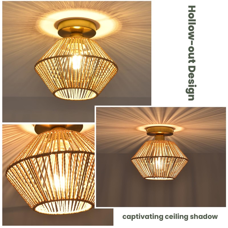 Boho Ceiling Light Fixture, Coastal Handmade Woven Light Fixtures Ceiling