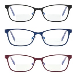 LKEYE Bifocal Reading Glasses Women Blue Light Blocking With Clear Top Computer Progressive Reader Wide Metal Full Frame Designer Ladies Cheater Ultralight Stylish Spring Hinge LK6026 3pack +2.25