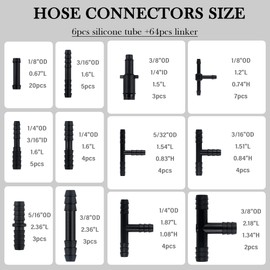 6PCS 6.6Ft Vacuum Hose,ID 1/8" 5/32" 3/16" 1/4" 5/16" 3/8" Silicone Vacuum Lines Automotive Kit with 64PCS Vacuum Line Connectors,Heat-resistant Vacuum Tube for Air/Water Transportation
