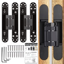Pacify 2 Set 6" Hidden Door Hinges Upgraded Invisible Door Hinge Heavy Duty Concealed Hinges Adjustable 180 Degree Swing Outswing 3D Hinges with Capacity up to 88lb (2 Pack Black-6Inches)