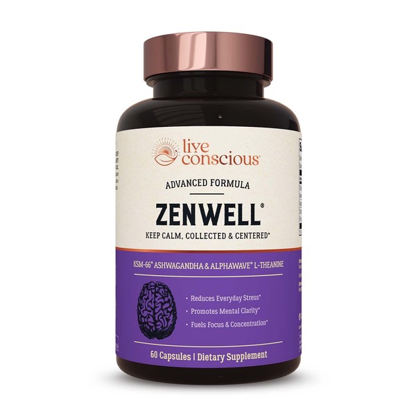 Live Conscious KSM-66 Ashwagandha Supplement w/L Theanine & AlphaWave - ZenWell Everyday Stress Relief, Mood Support, Cognitive, Brain Health - Ashwagandha for Men & Women - 60 Capsules